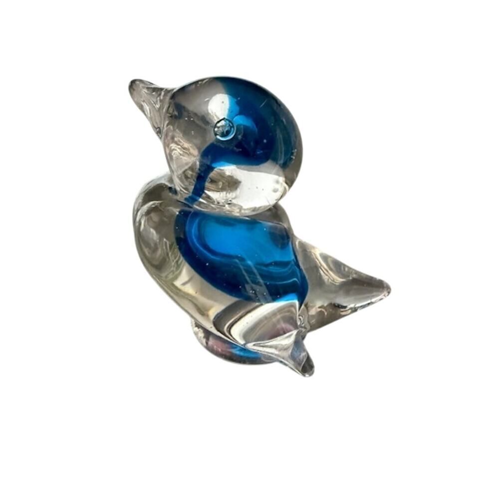 Glass Duck Paperweight Figurine Clear w/ Blue Swirl 4.5"